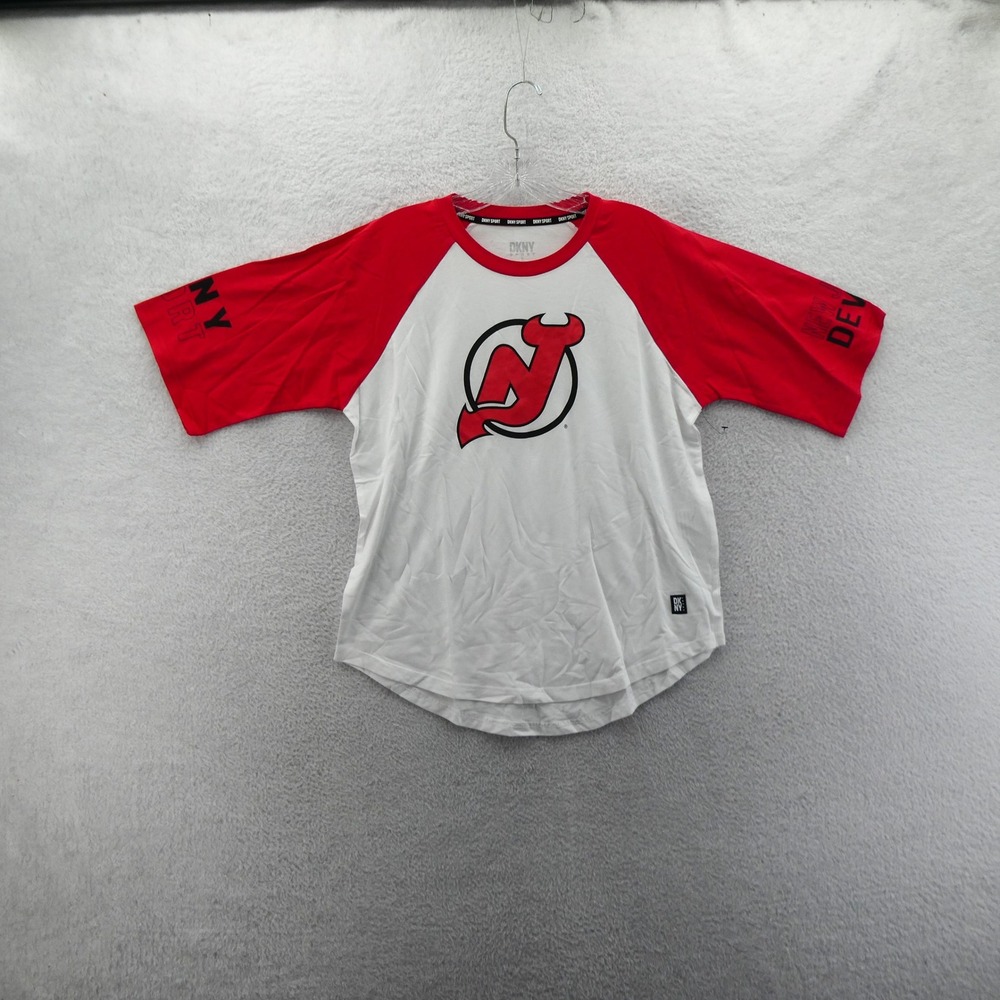 DKNY Shirt Womens Small New Jersey Devils NHL Red White Raglan Sport Logo Top